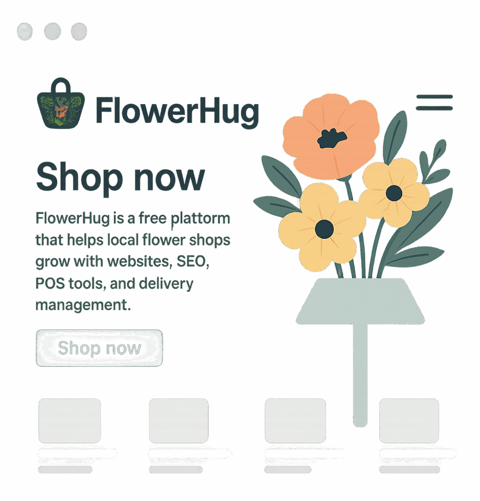 Screenshot of FlowerHug's website featuring a logo, bouquet illustration, and text promoting a flower ecommerce platform for local shops&mdash;offering florist website creator tools, SEO, POS solutions, and delivery management.