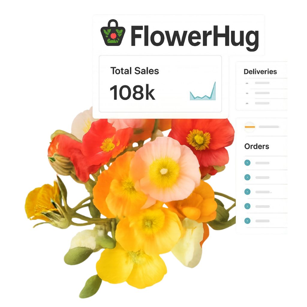 A bouquet of colorful flowers with graphs and "FlowerHug" highlights 108k total sales, orders, and deliveries&mdash;showcasing the power of florist marketing.